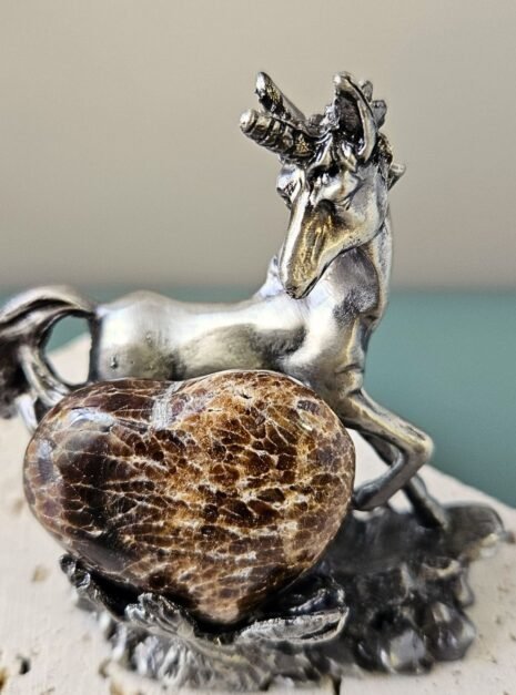 Chocolate Calcite Heart on Unicorn Stand Chocolate Calcite Heart on Unicorn Stand
