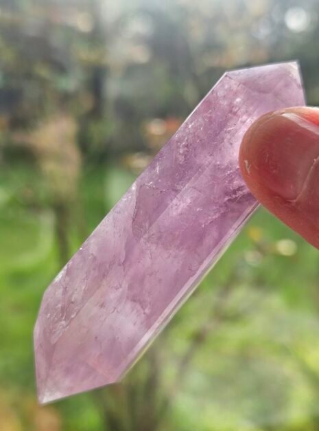 Amethyst Double Terminated 4 Amethyst double terminated point held up to the light with greenery behind it