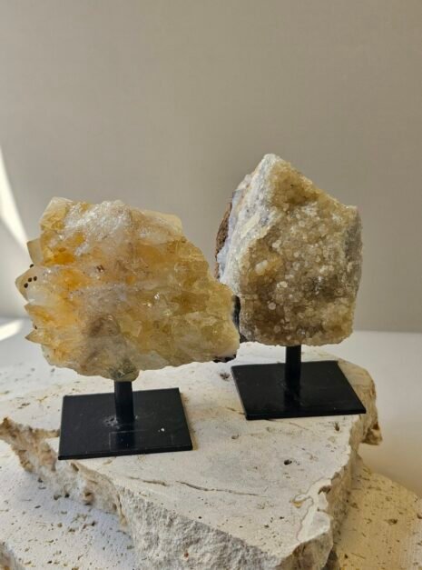 Citrine Cluster on Stand 1 Two Citrine clusters on their stands, side by side