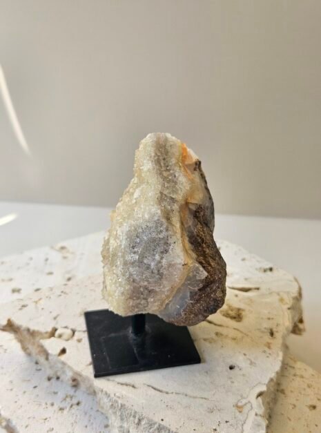 Citrine Cluster on stand 6 Citrine cluster on its stand, narrow and upright, angled view