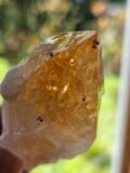Citrine point held up outdoors, blurred green background