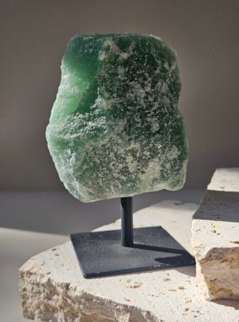 Green Aventurine Rough on Stand 5 Rough Green Aventurine on its stand, turned to a three quarter angle