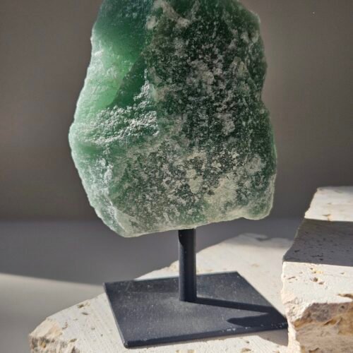 Green Aventurine Rough on Stand 5 Rough Green Aventurine on its stand, turned to a three quarter angle