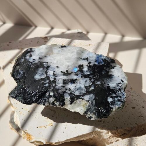 Rainbow Moonstone slab catching the light, blue flash visible through the stone